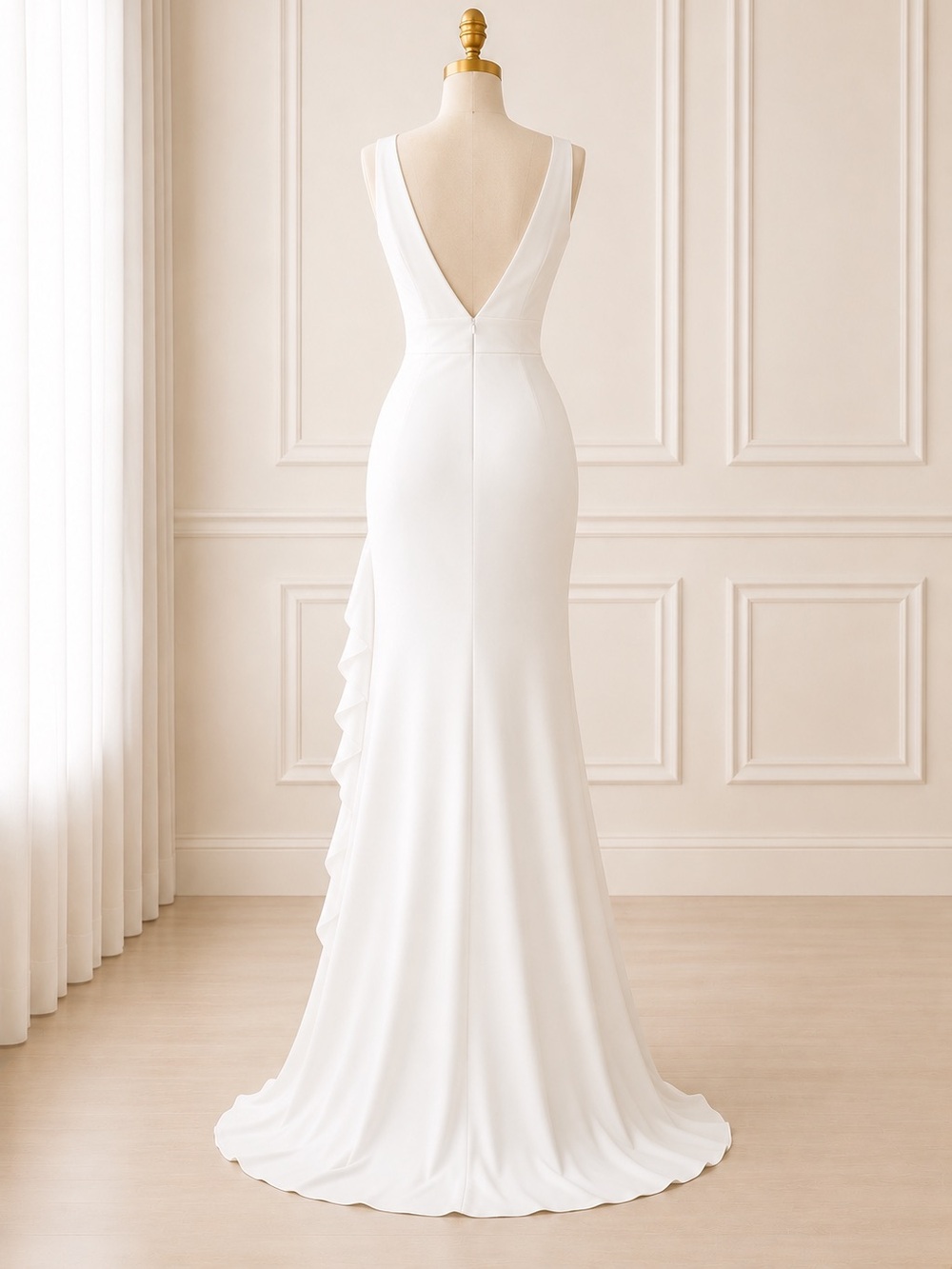 Mac Duggal White V-Neck Fitted Wedding Gown with Front Slit - Picture 2 of 3